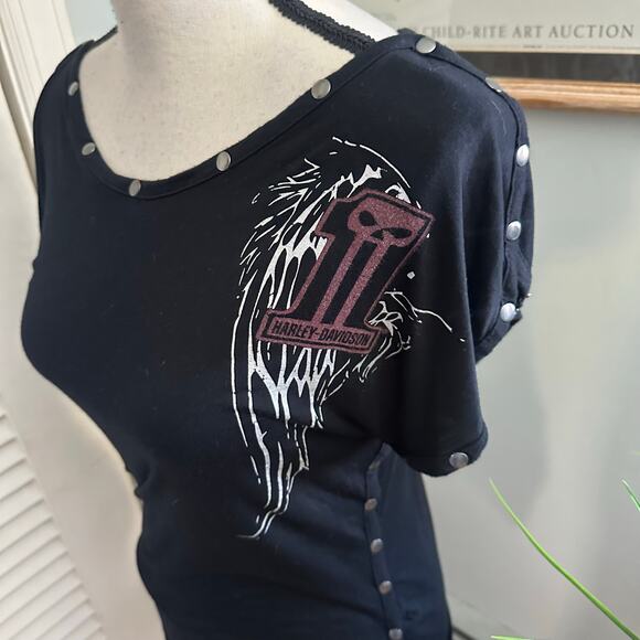 HARLEY DAVIDSON Top Womens Small Black Fitted Tee Graphic Studded Retro Y2K - Picture 3 of 9